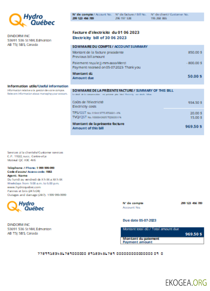 Facture d'entreprise de services publics d'Hydro Québec, SCR